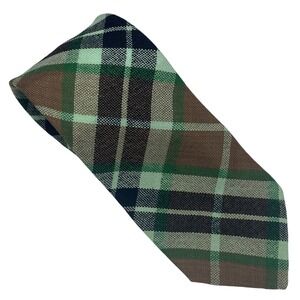 THOMSON Plaid 100% Wool Tie Green Brown Mens VTG Made in Scotland St Patricks